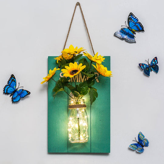 Clear Bottle Wall Sconce With Led And Rustic Teal Plant Decoration Aqua / Sunflower