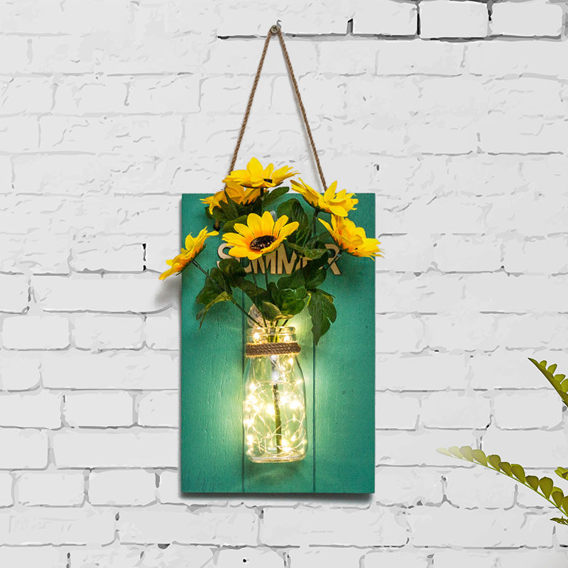 Clear Bottle Wall Sconce With Led And Rustic Teal Plant Decoration