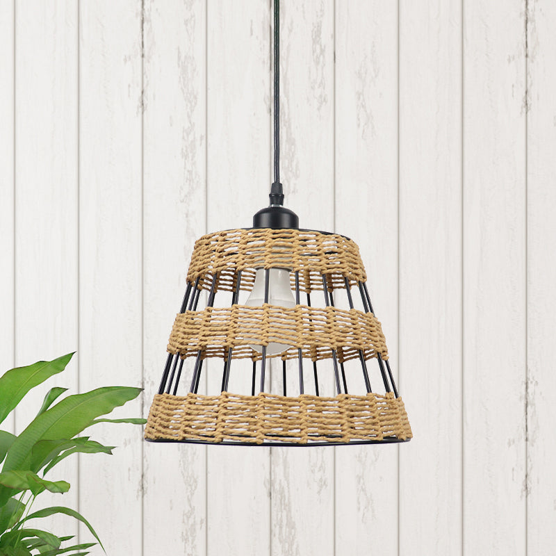 1/3-Head Asian Style Cone Hanging Pendant Lamp Metal And Rattan In Beige - For Restaurants