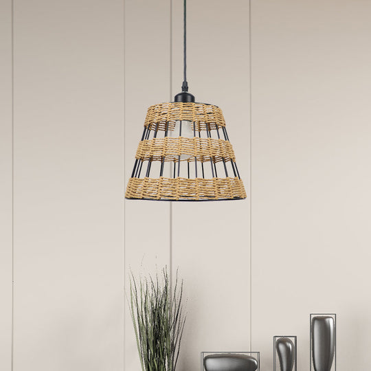 1/3-Head Asian Style Cone Hanging Pendant Lamp Metal And Rattan In Beige - For Restaurants