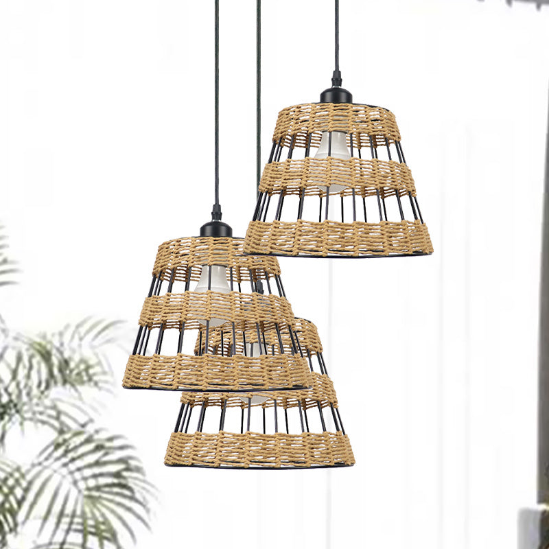 1/3-Head Asian Style Cone Hanging Pendant Lamp Metal And Rattan In Beige - For Restaurants