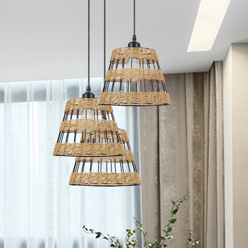 1/3-Head Asian Style Cone Hanging Pendant Lamp Metal And Rattan In Beige - For Restaurants