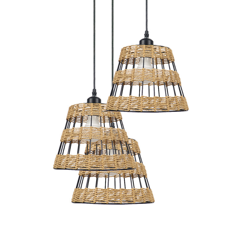 1/3-Head Asian Style Cone Hanging Pendant Lamp Metal And Rattan In Beige - For Restaurants