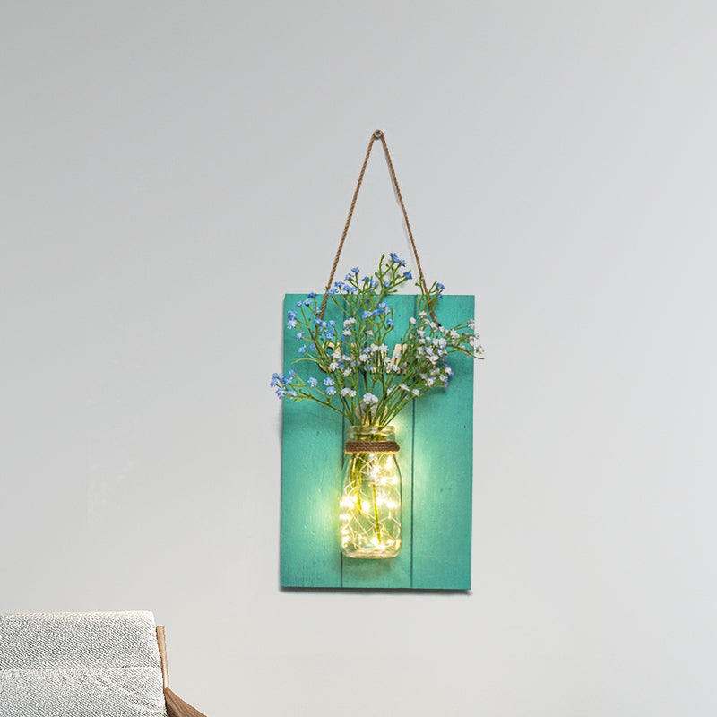 Blue Wood Backplate Modern Glass Jar Wall Light With Floral String - Ideal For Cafe Restaurant