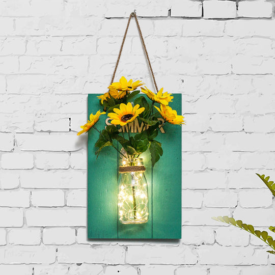 Blue Wood Backplate Modern Glass Jar Wall Light With Floral String - Ideal For Cafe Restaurant