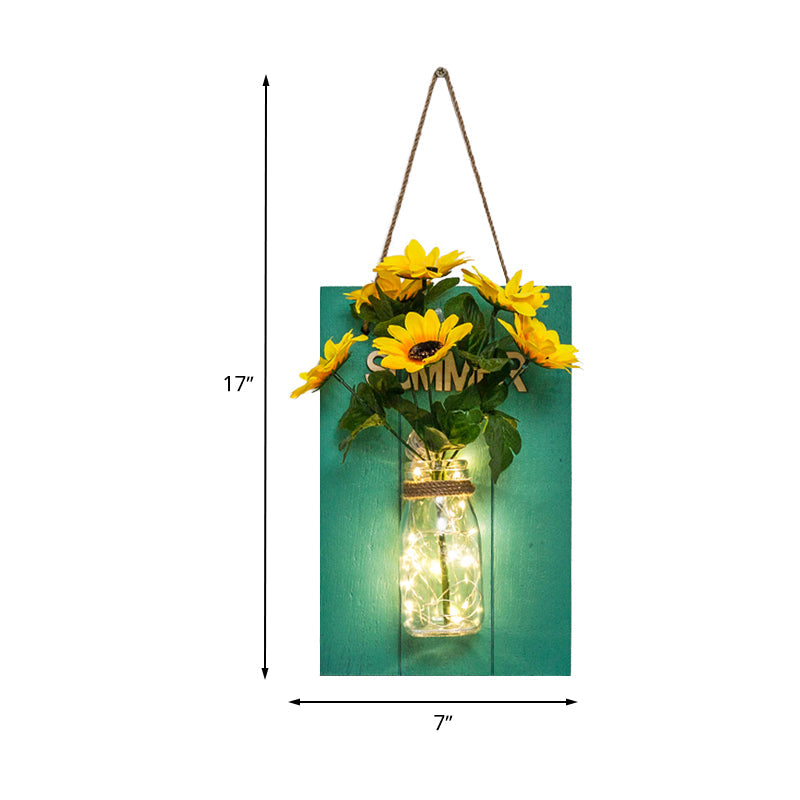 Blue Wood Backplate Modern Glass Jar Wall Light With Floral String - Ideal For Cafe Restaurant