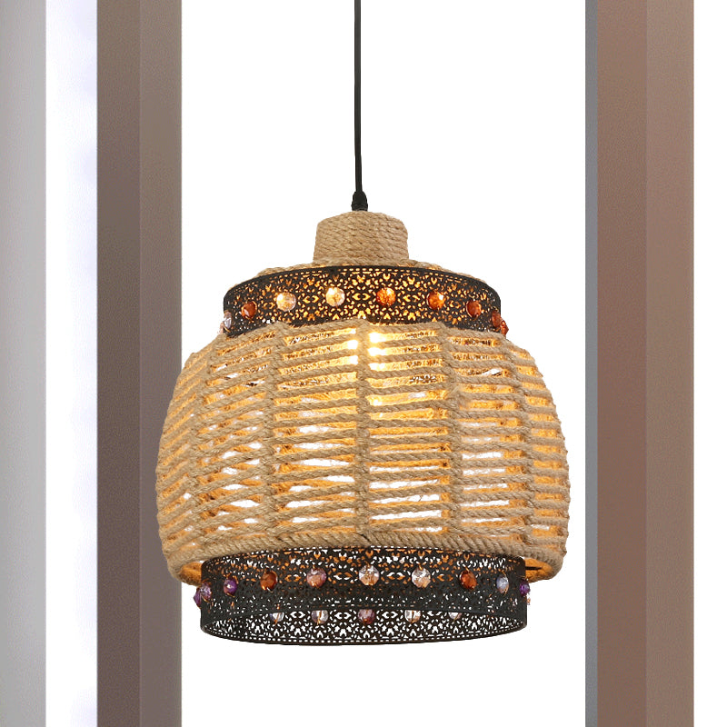 Rustic Beige Hand Woven Pendant Light With Jewels Accent - Countryside Rope And Metal Hanging Lamp