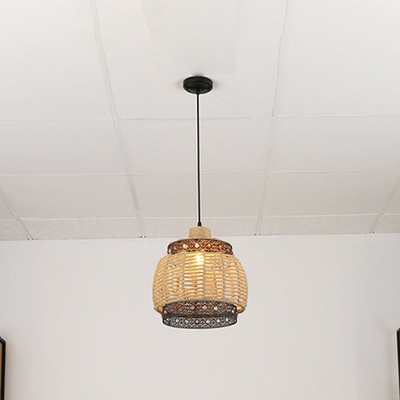 Rustic Beige Hand Woven Pendant Light With Jewels Accent - Countryside Rope And Metal Hanging Lamp