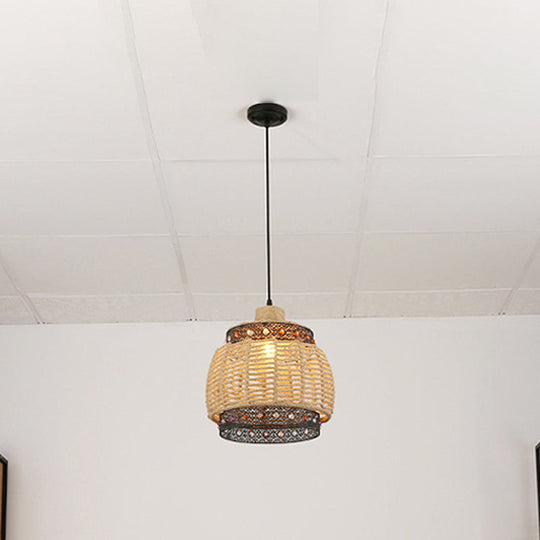 Rustic Beige Hand Woven Pendant Light With Jewels Accent - Countryside Rope And Metal Hanging Lamp