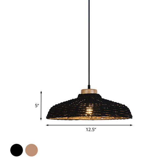 Asian Style Rattan Pendant Lamp - Beige/Black Barn Shade Height Adjustable 1 Light 12.5/18 W