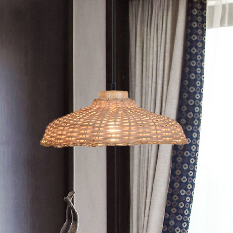 Asian Style Rattan Pendant Lamp - Beige/Black Barn Shade Height Adjustable 1 Light 12.5/18 W