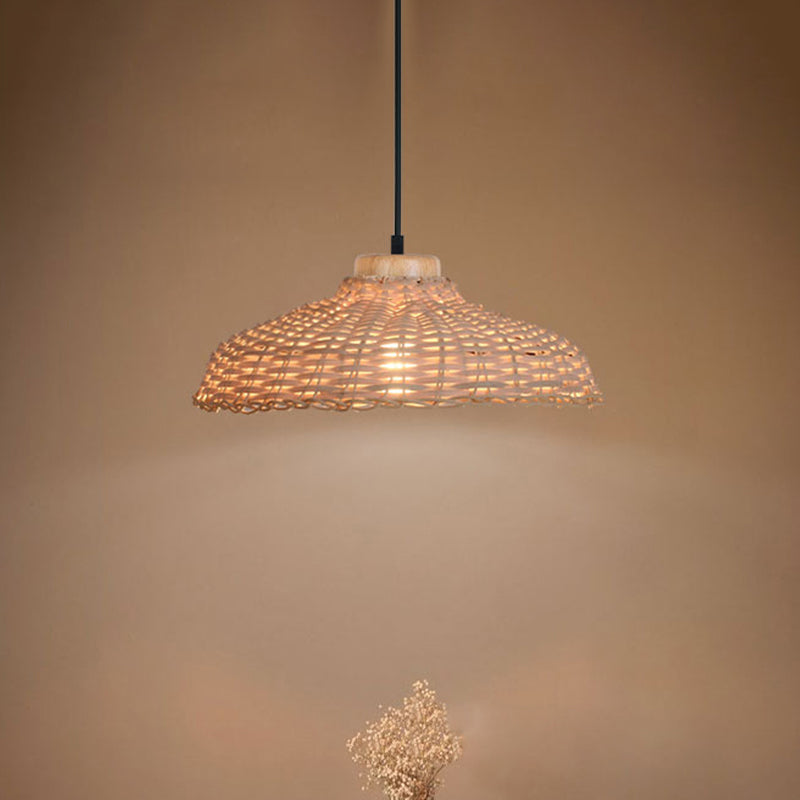 Asian Style Rattan Pendant Lamp - Beige/Black Barn Shade Height Adjustable 1 Light 12.5/18 W