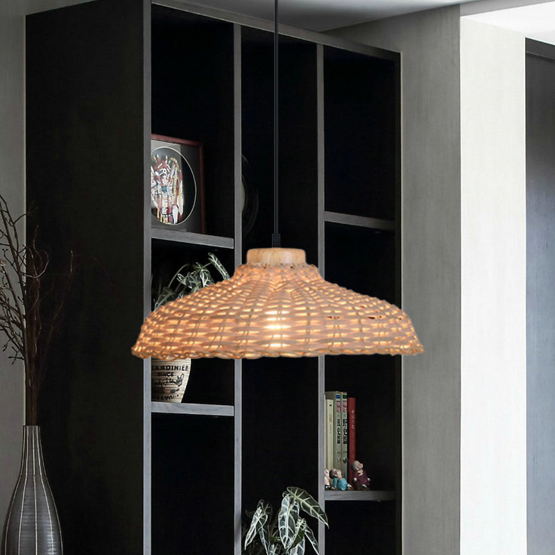 Asian Style Rattan Pendant Lamp - Beige/Black Barn Shade Height Adjustable 1 Light 12.5/18 W