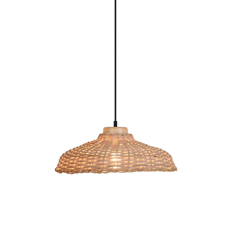 Asian Style Rattan Pendant Lamp - Beige/Black Barn Shade Height Adjustable 1 Light 12.5/18 W