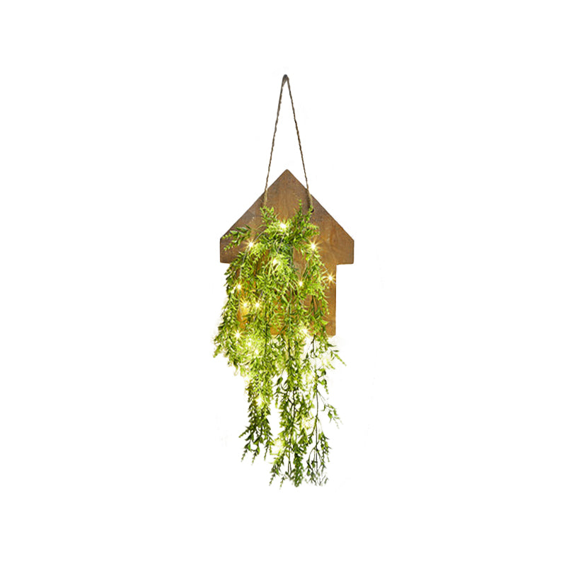 Wooden House Wall Light With Modern Flower/Plant String Accent Ideal For Cafes And Tea Shops