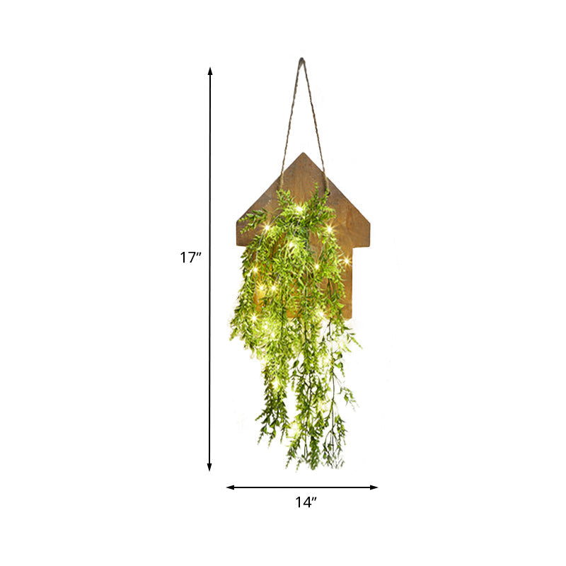 Wooden House Wall Light With Modern Flower/Plant String Accent Ideal For Cafes And Tea Shops