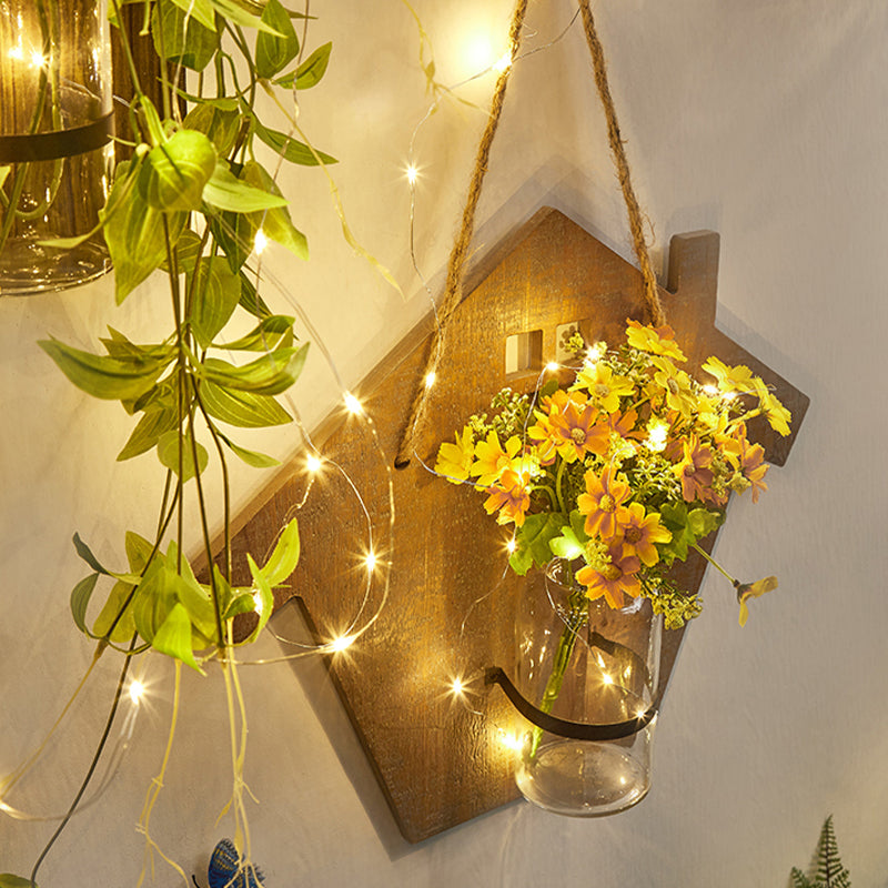 Wooden House Wall Light With Modern Flower/Plant String Accent Ideal For Cafes And Tea Shops Wood /