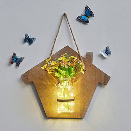 Wooden House Wall Light With Modern Flower/Plant String Accent Ideal For Cafes And Tea Shops