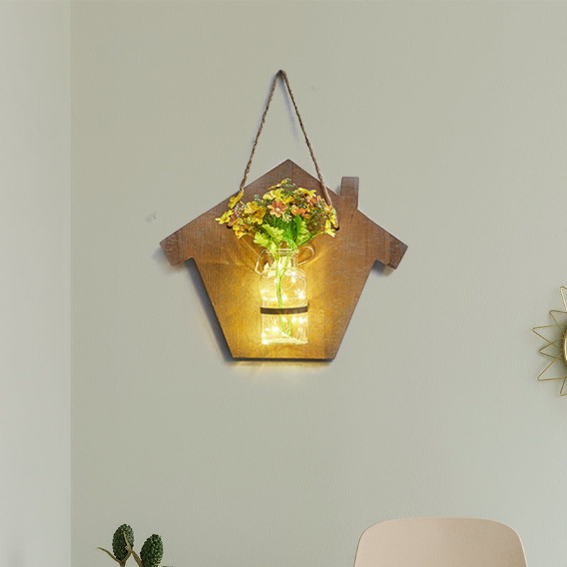 Wooden House Wall Light With Modern Flower/Plant String Accent Ideal For Cafes And Tea Shops