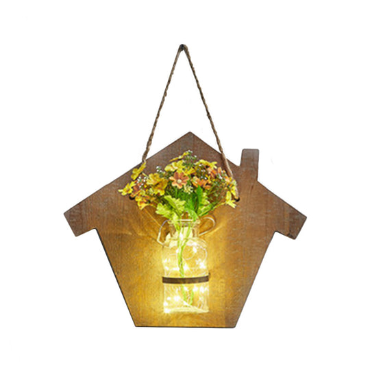 Wooden House Wall Light With Modern Flower/Plant String Accent Ideal For Cafes And Tea Shops