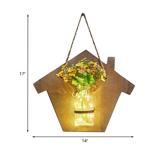 Wooden House Wall Light With Modern Flower/Plant String Accent Ideal For Cafes And Tea Shops