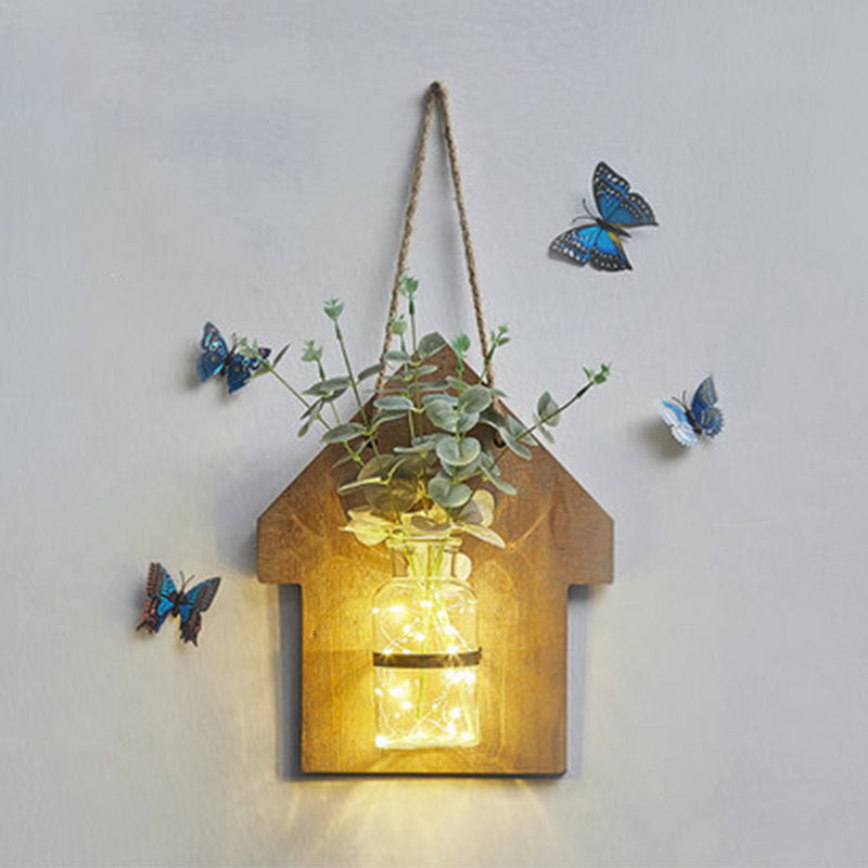 Wooden House Wall Light With Modern Flower/Plant String Accent Ideal For Cafes And Tea Shops Wood /