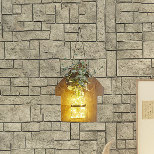 Wooden House Wall Light With Modern Flower/Plant String Accent Ideal For Cafes And Tea Shops