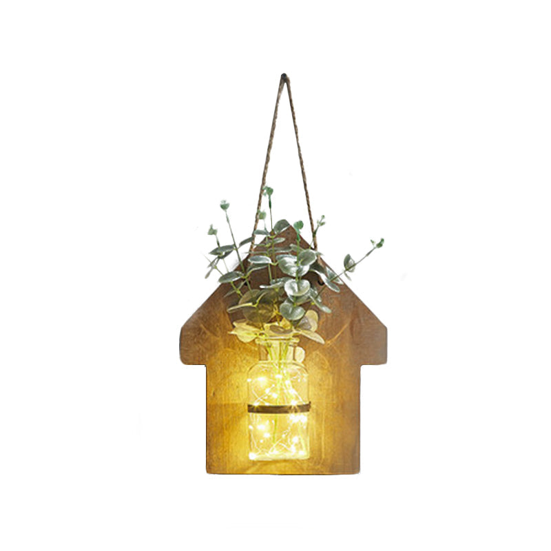 Wooden House Wall Light With Modern Flower/Plant String Accent Ideal For Cafes And Tea Shops