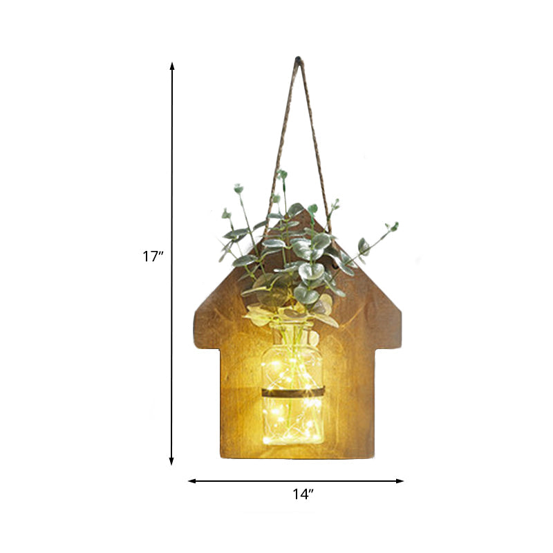 Wooden House Wall Light With Modern Flower/Plant String Accent Ideal For Cafes And Tea Shops