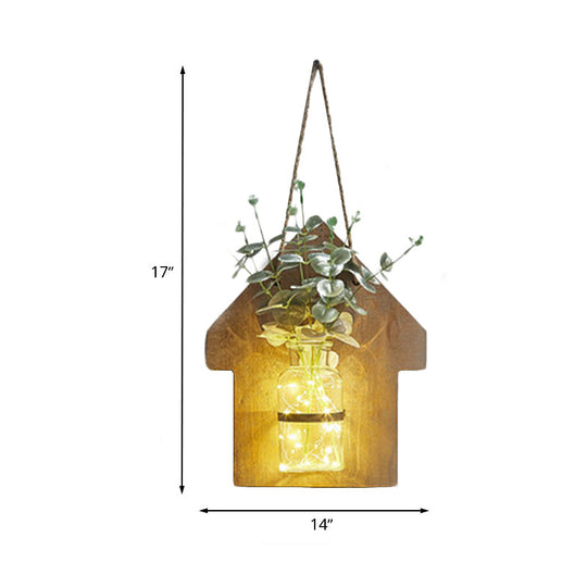 Wooden House Wall Light With Modern Flower/Plant String Accent Ideal For Cafes And Tea Shops