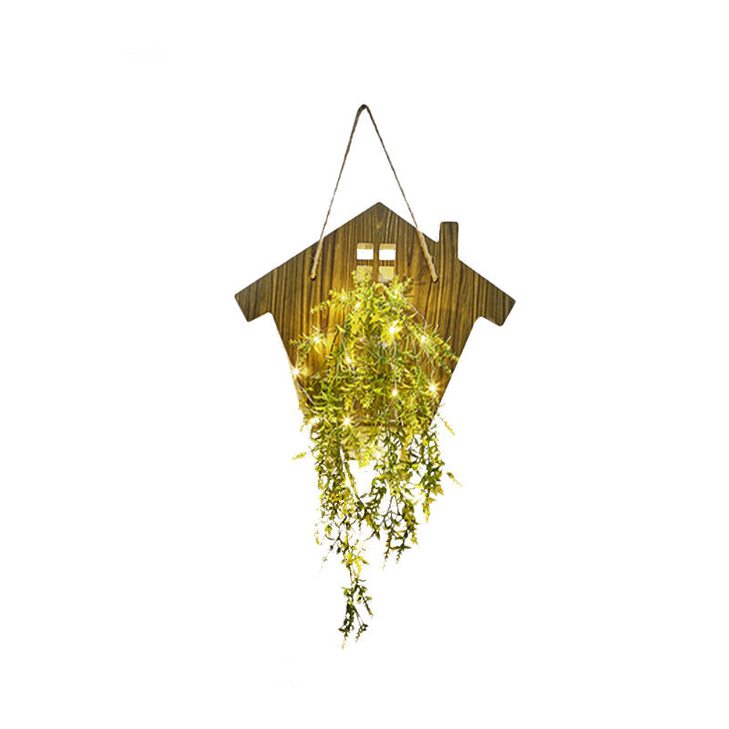 Wooden House Wall Light With Modern Flower/Plant String Accent Ideal For Cafes And Tea Shops