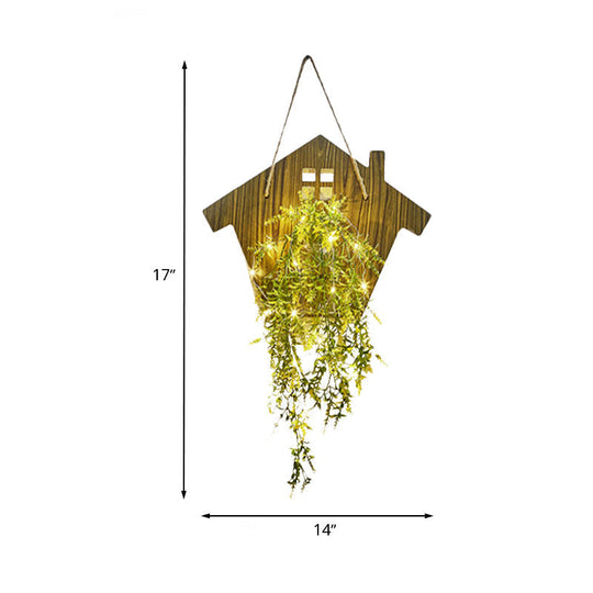 Wooden House Wall Light With Modern Flower/Plant String Accent Ideal For Cafes And Tea Shops