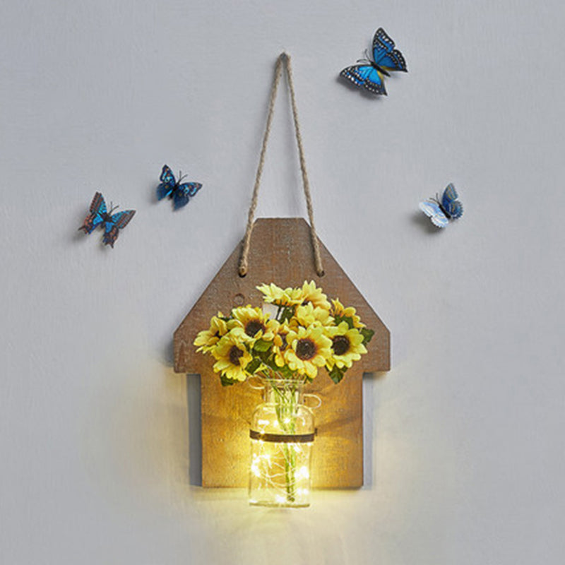 Wooden House Wall Light With Modern Flower/Plant String Accent Ideal For Cafes And Tea Shops Wood /