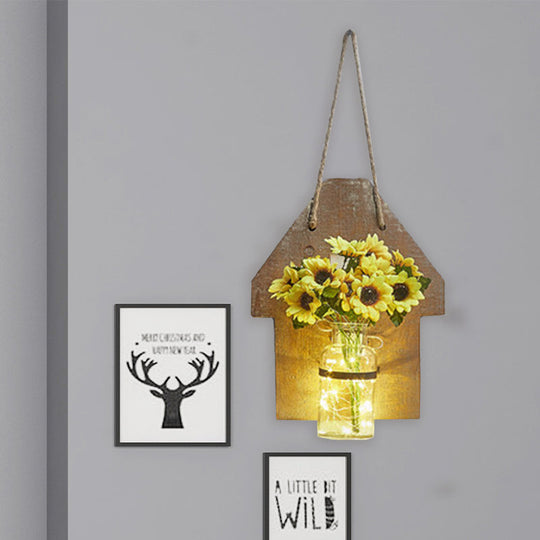 Wooden House Wall Light With Modern Flower/Plant String Accent Ideal For Cafes And Tea Shops