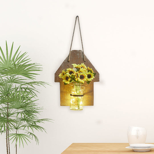 Wooden House Wall Light With Modern Flower/Plant String Accent Ideal For Cafes And Tea Shops