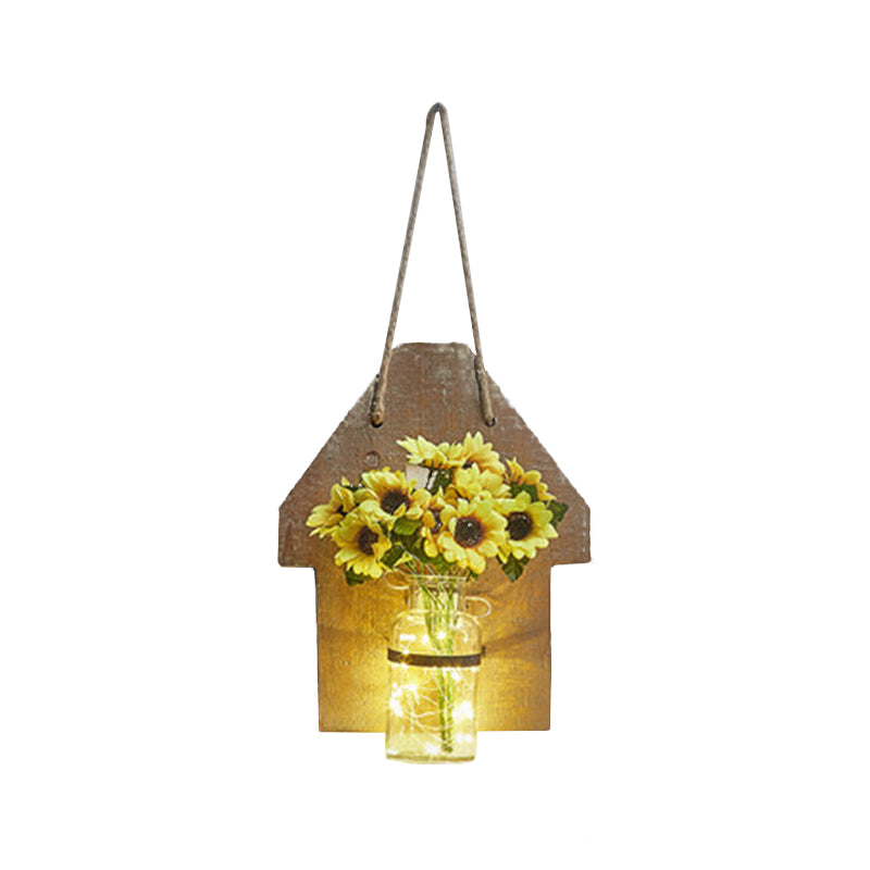 Wooden House Wall Light With Modern Flower/Plant String Accent Ideal For Cafes And Tea Shops