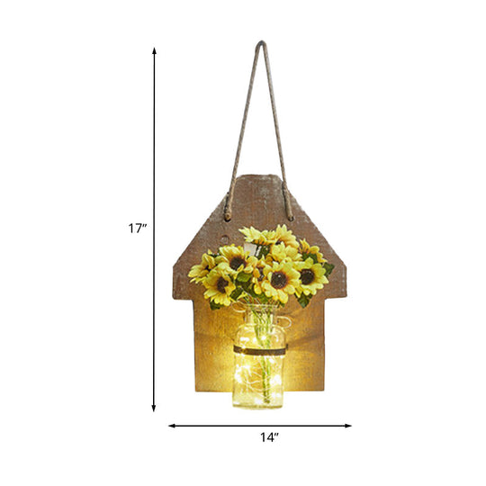 Wooden House Wall Light With Modern Flower/Plant String Accent Ideal For Cafes And Tea Shops