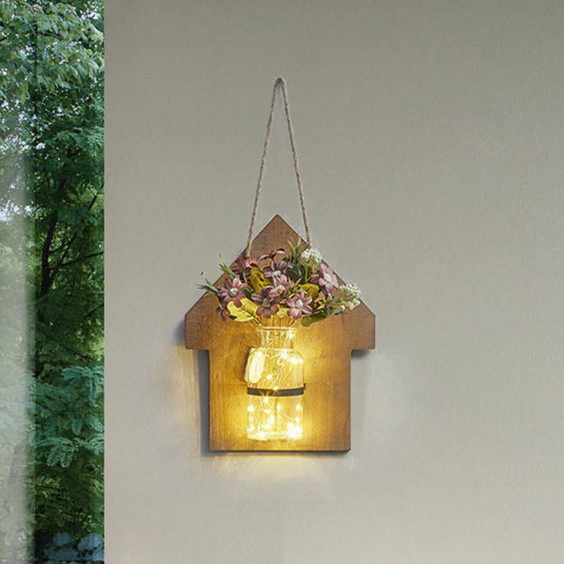 Wooden House Wall Light With Modern Flower/Plant String Accent Ideal For Cafes And Tea Shops