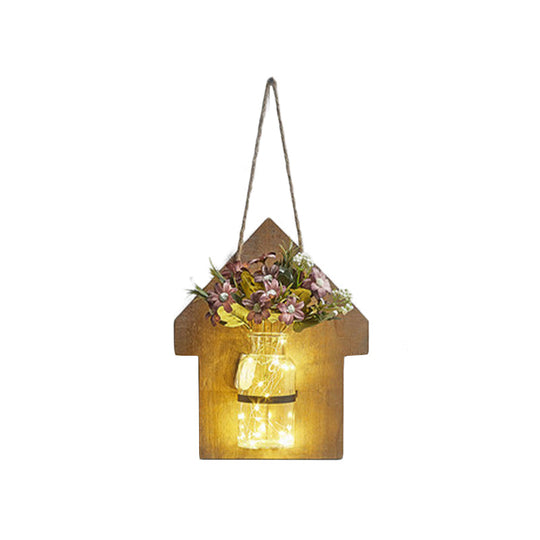 Wooden House Wall Light With Modern Flower/Plant String Accent Ideal For Cafes And Tea Shops