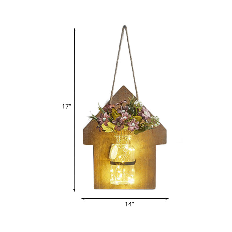 Wooden House Wall Light With Modern Flower/Plant String Accent Ideal For Cafes And Tea Shops