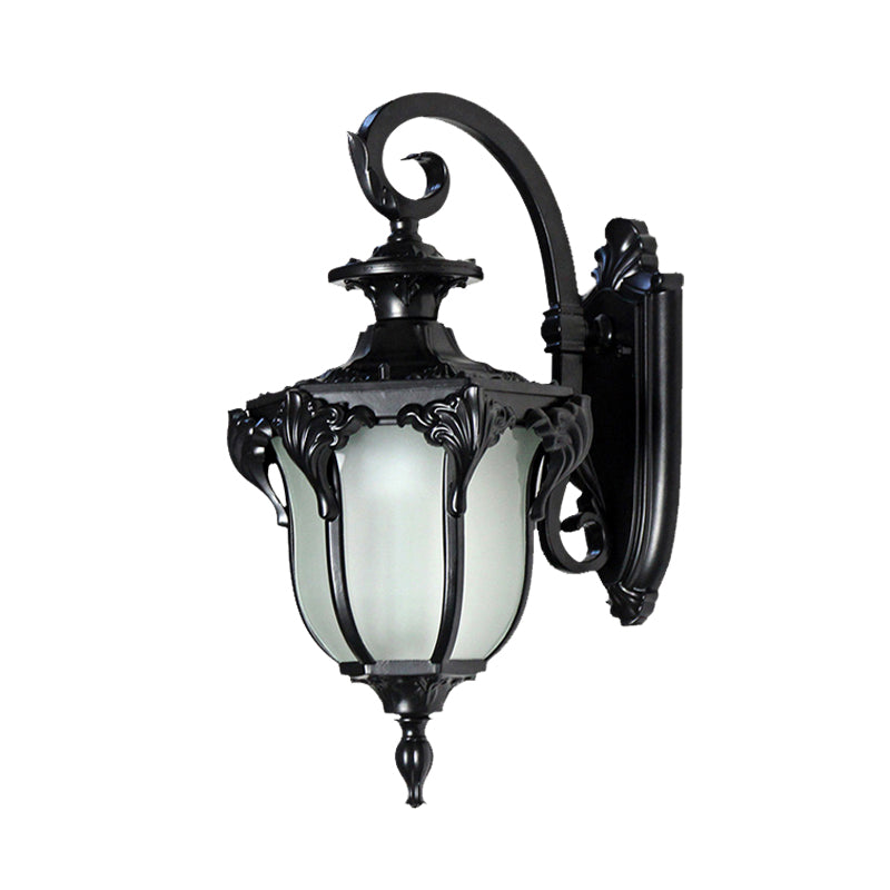 Outdoor Acorn Sconce Light Fixture With Swirl Arm And White Glass - Black/Brass Finish Wall Lamp