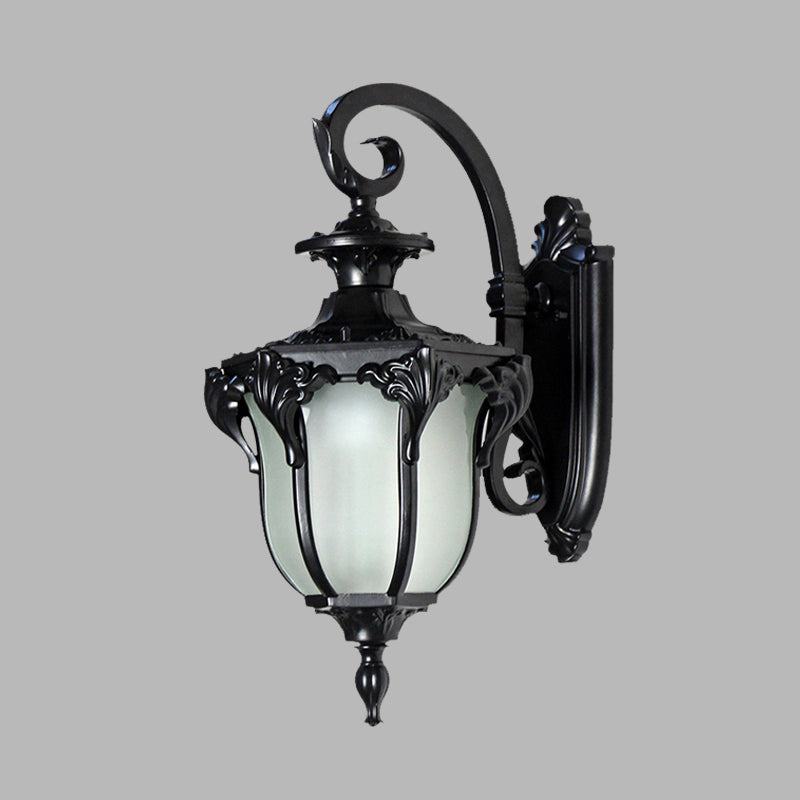 Outdoor Acorn Sconce Light Fixture With Swirl Arm And White Glass - Black/Brass Finish Wall Lamp