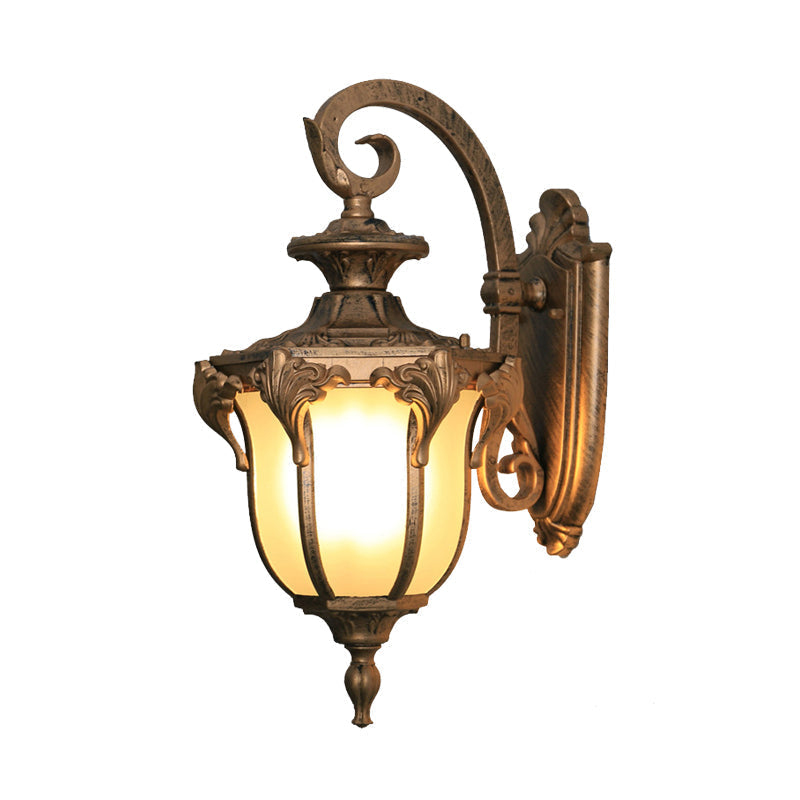 Outdoor Acorn Sconce Light Fixture With Swirl Arm And White Glass - Black/Brass Finish Wall Lamp