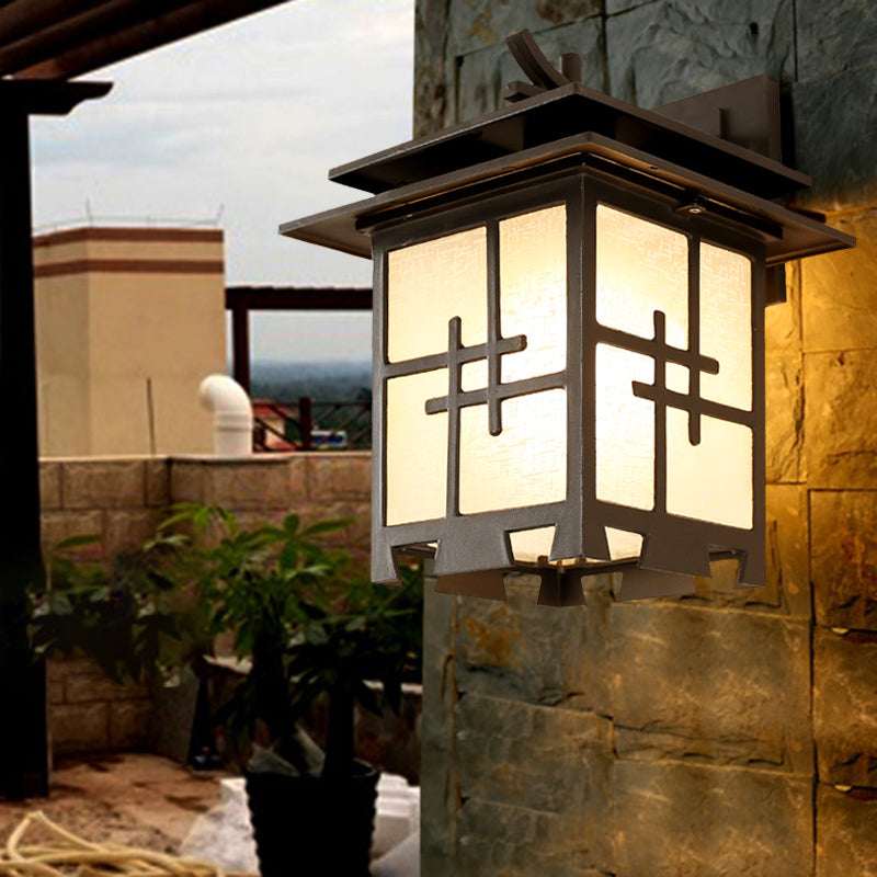 Farmhouse Outdoor Wall Lamp: 1-Light Sconce Fixture With Textured Glass Shade In Brass/Black Black