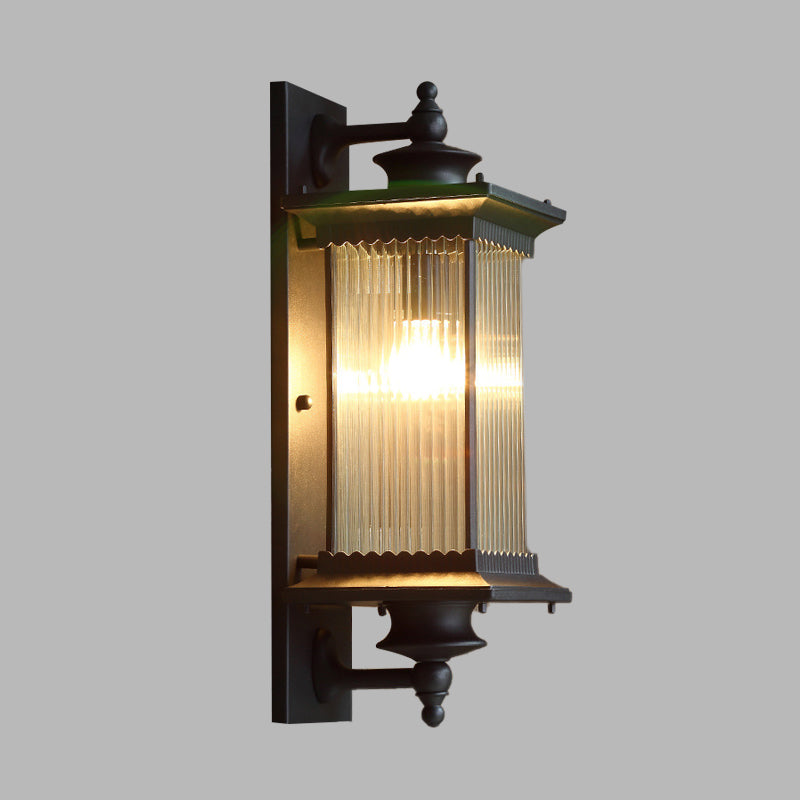 Country Clear Ribbed Glass 1-Head Outdoor Sconce Light For Gates - Black/Bronze/Coffee Wall Lamp