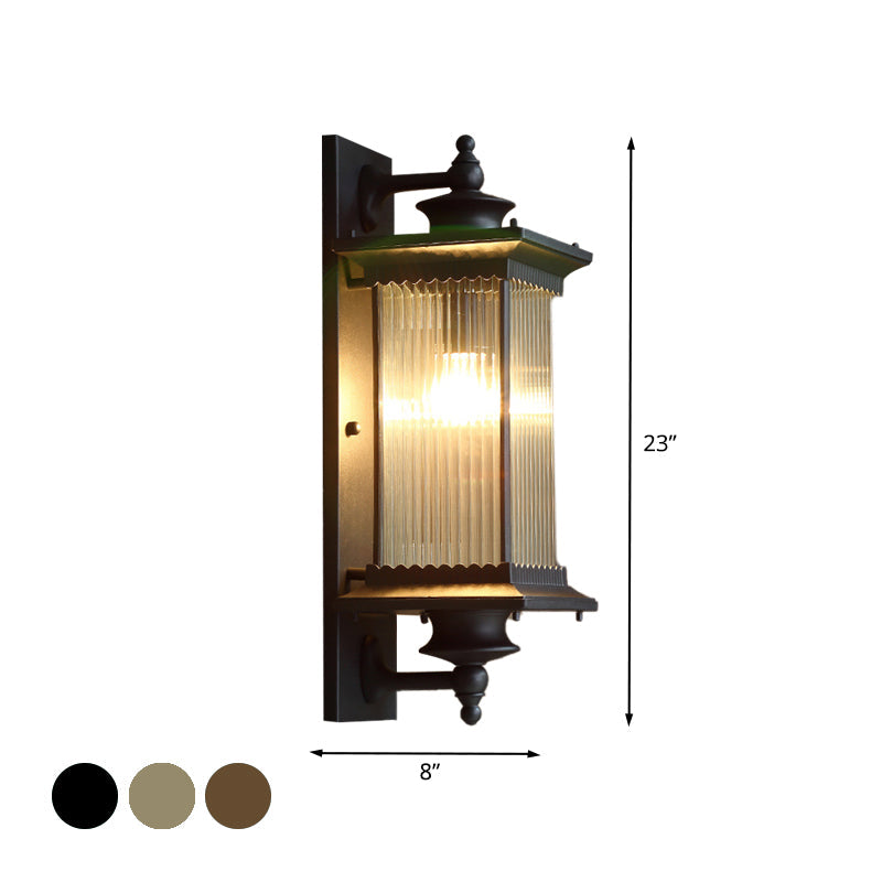 Country Clear Ribbed Glass 1-Head Outdoor Sconce Light For Gates - Black/Bronze/Coffee Wall Lamp