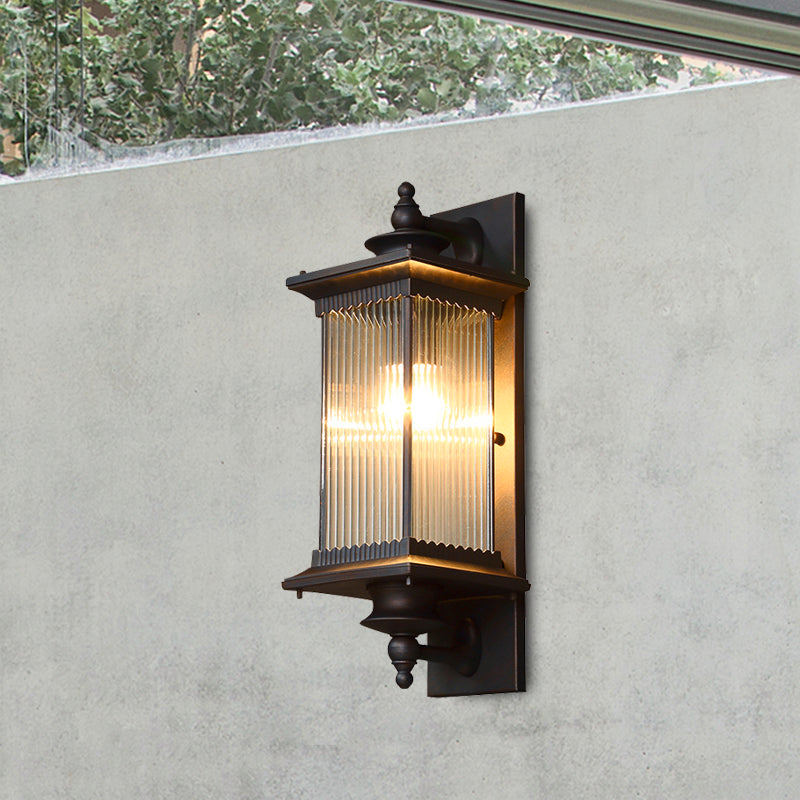 Country Clear Ribbed Glass 1-Head Outdoor Sconce Light For Gates - Black/Bronze/Coffee Wall Lamp