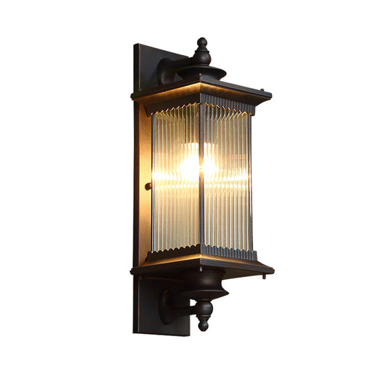 Country Clear Ribbed Glass 1-Head Outdoor Sconce Light For Gates - Black/Bronze/Coffee Wall Lamp