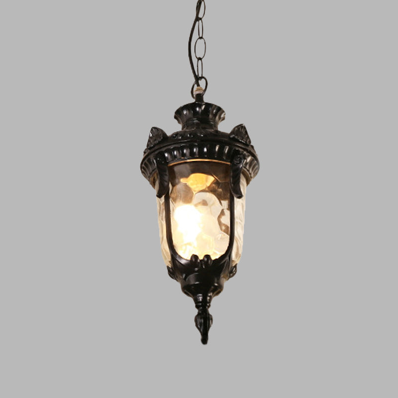 Aluminum Urn Garden Hanging Light With Water Glass Shade - Country Black/Brass Ceiling Lamp Fixture