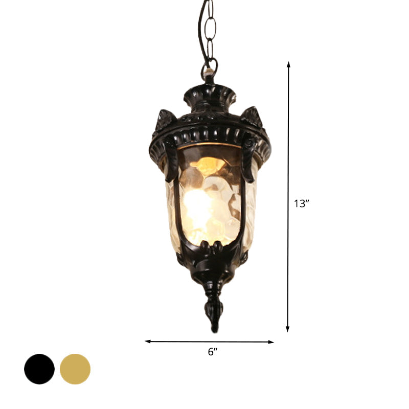 Aluminum Urn Garden Hanging Light With Water Glass Shade - Country Black/Brass Ceiling Lamp Fixture